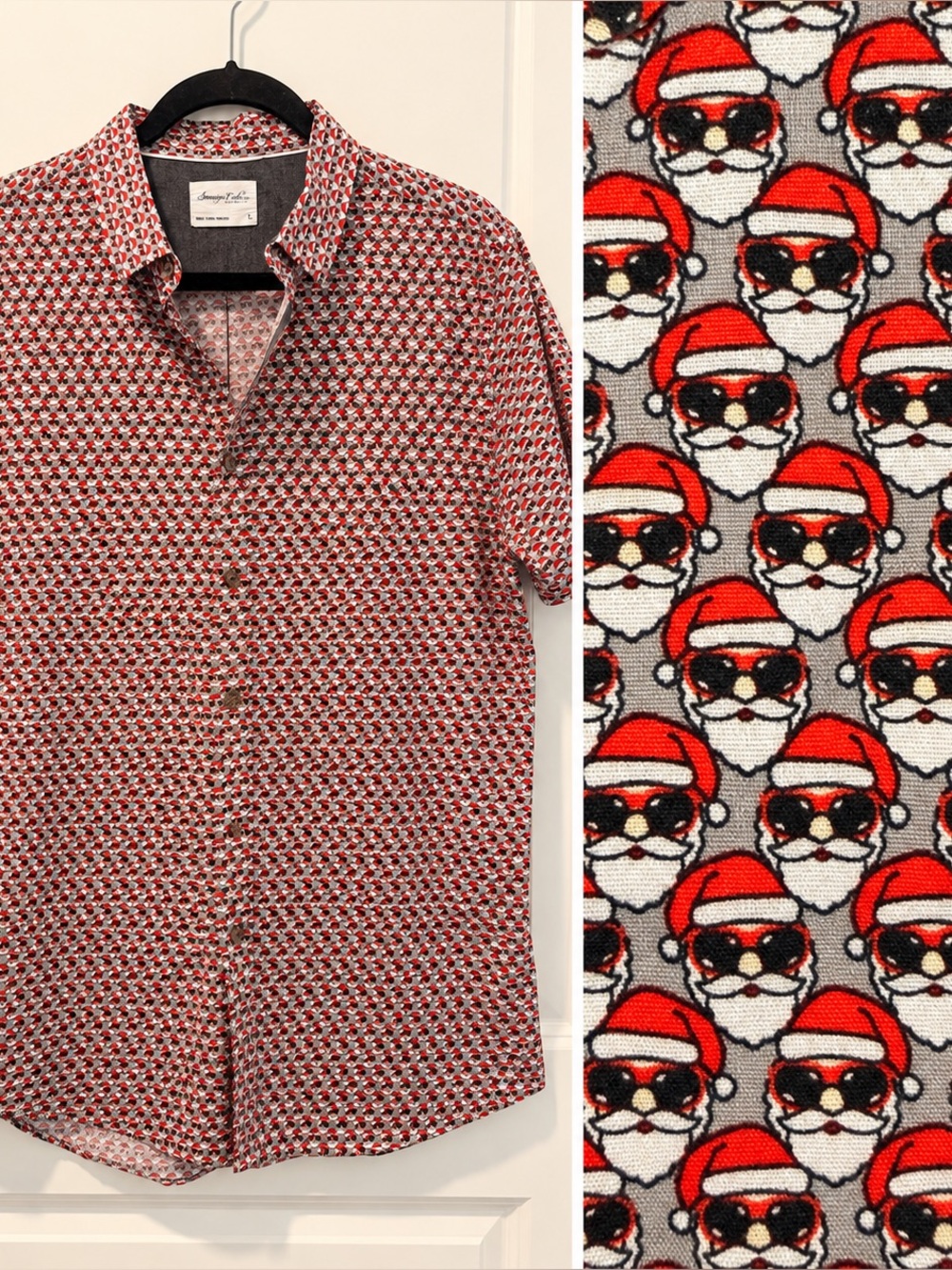 Santa’s Got Shades! Christmas Santa Print Large Short Sleeve Button-Up Shirt